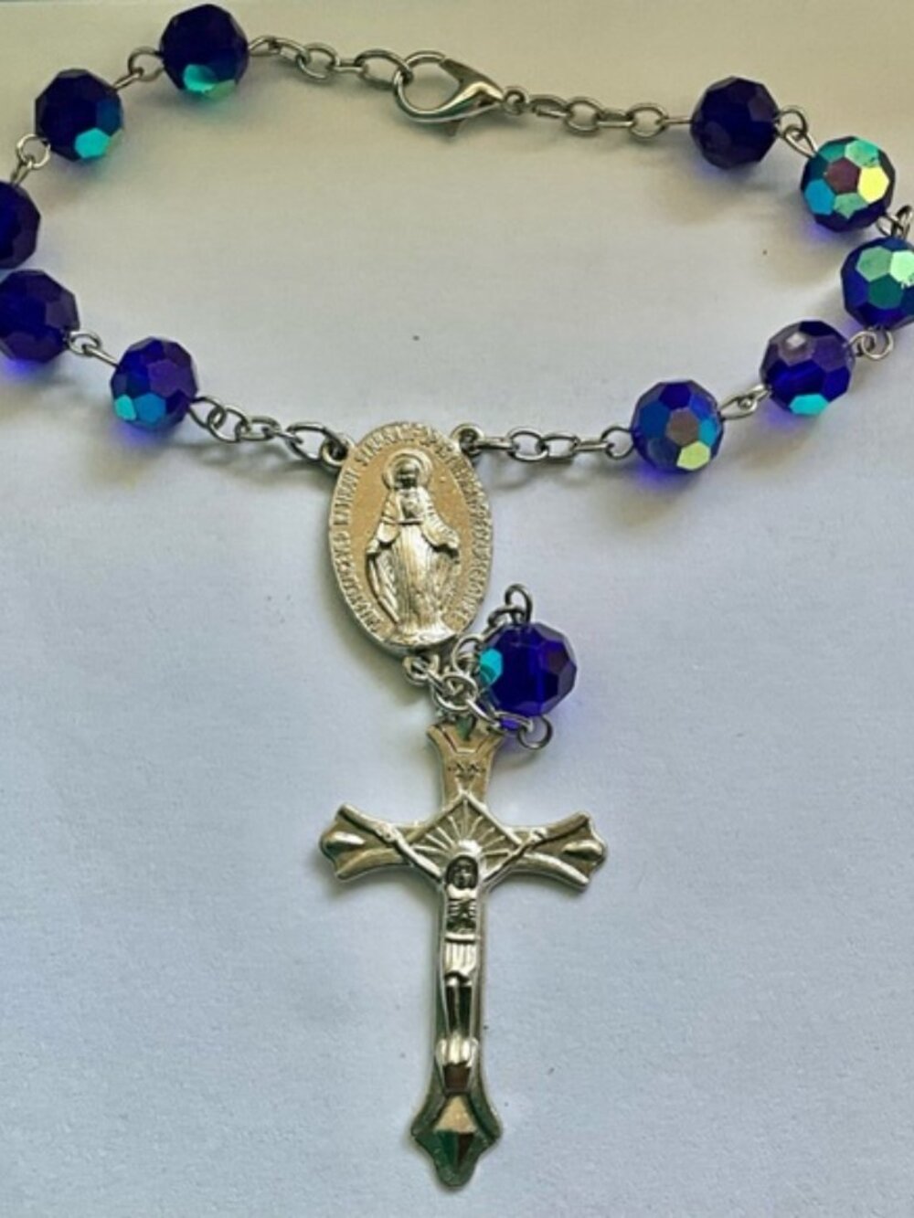 New Silver and Blue Beaded Rosary Bracelet